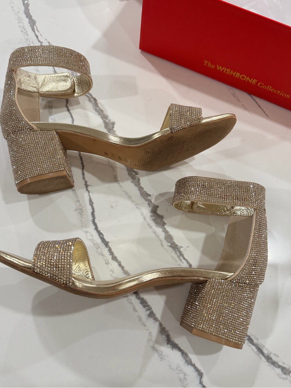 Sparkling Gold Crystal Strap Block Heel Sandals - Women - Picture 6 of 6